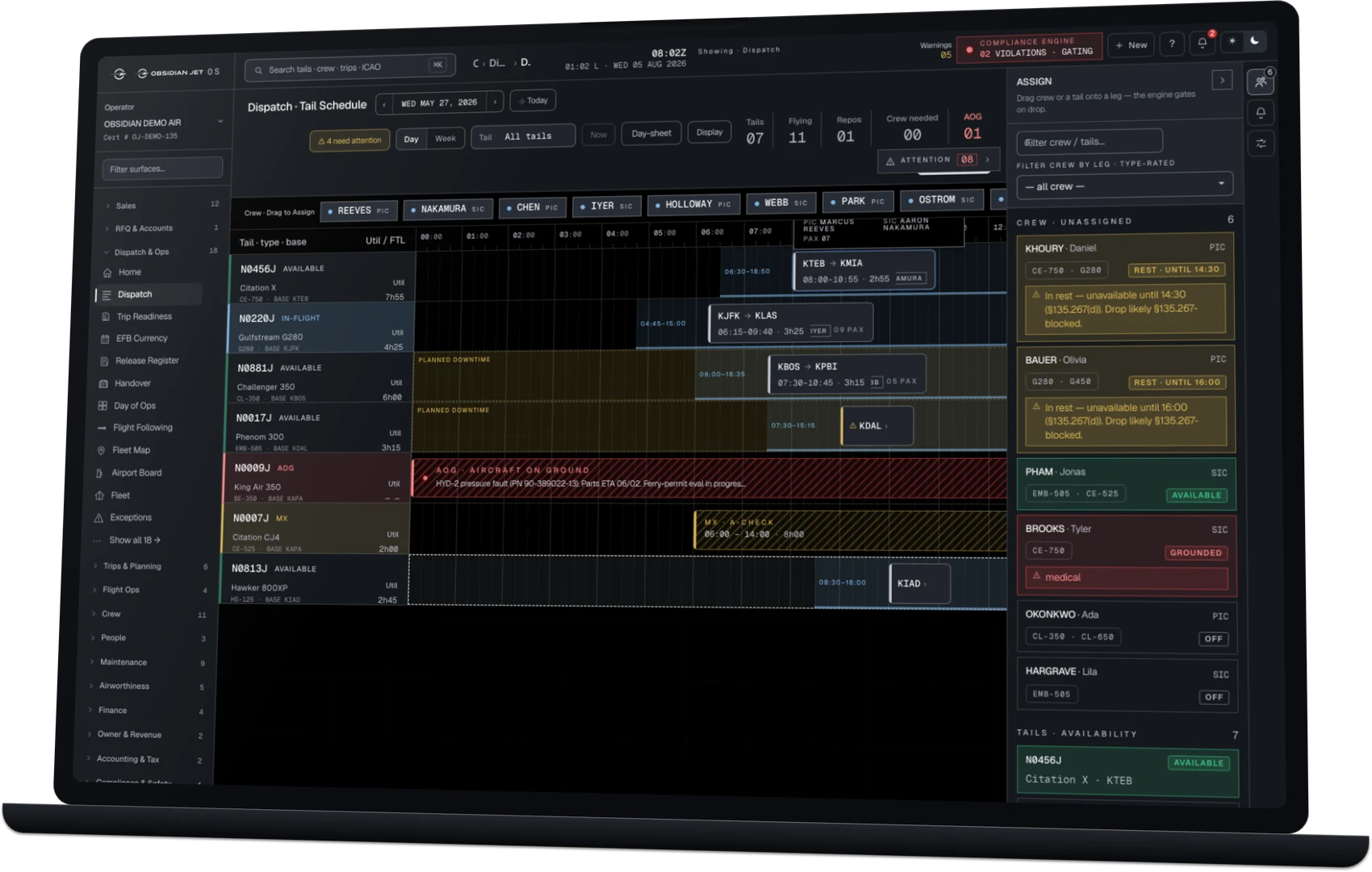 The Obsidian Jet OS dispatch tail schedule: docked tail panels, whole-row status wash, and the crew-assign rail with live FTL rest windows.
